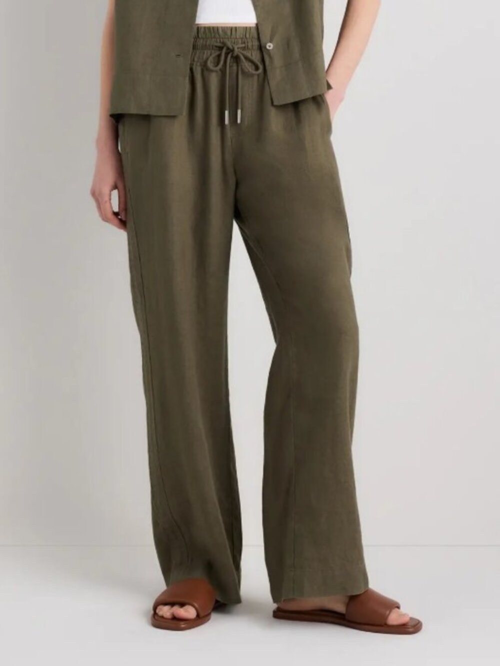 Quince 100% European Linen Wide Leg Pants Bayberry Olive Sz Medium